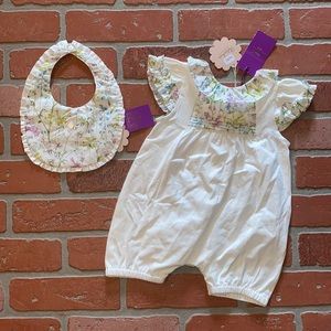 Patachou babygirl NWT floral white romper with matching bib set